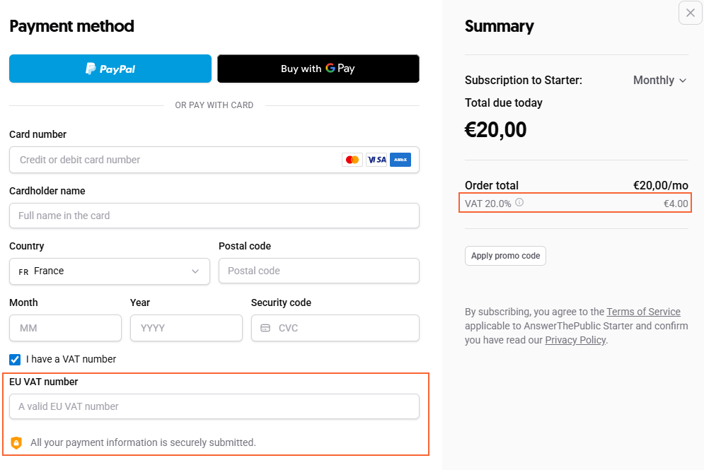 AnswerThePublic checkout page showing payment method form and card fields, including EU VAT number input and order summary with monthly total and VAT breakdown