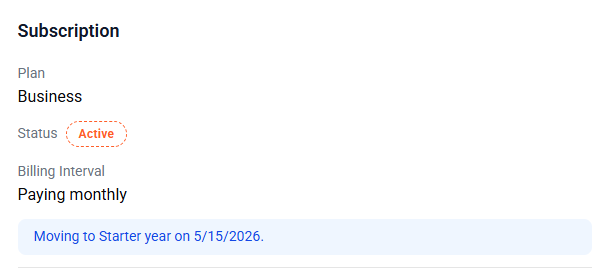 AnswerThePublic subscription settings page showing Business plan active status, monthly billing, and notice of switch to Starter yearly plan