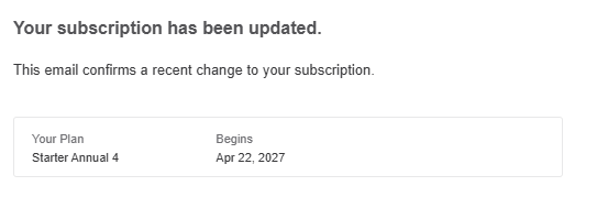 AnswerThePublic subscription confirmation email showing upgrade to Starter Annual plan start date