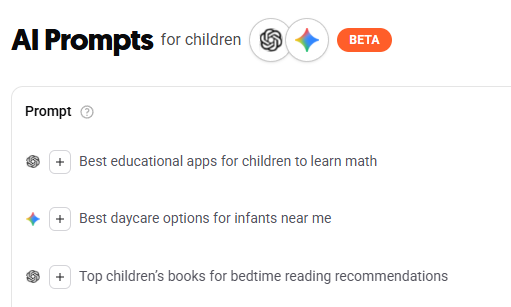AnswerThePublic AI prompts for "children" showing ideas like educational apps, daycare options, and bedtime reading recommendations