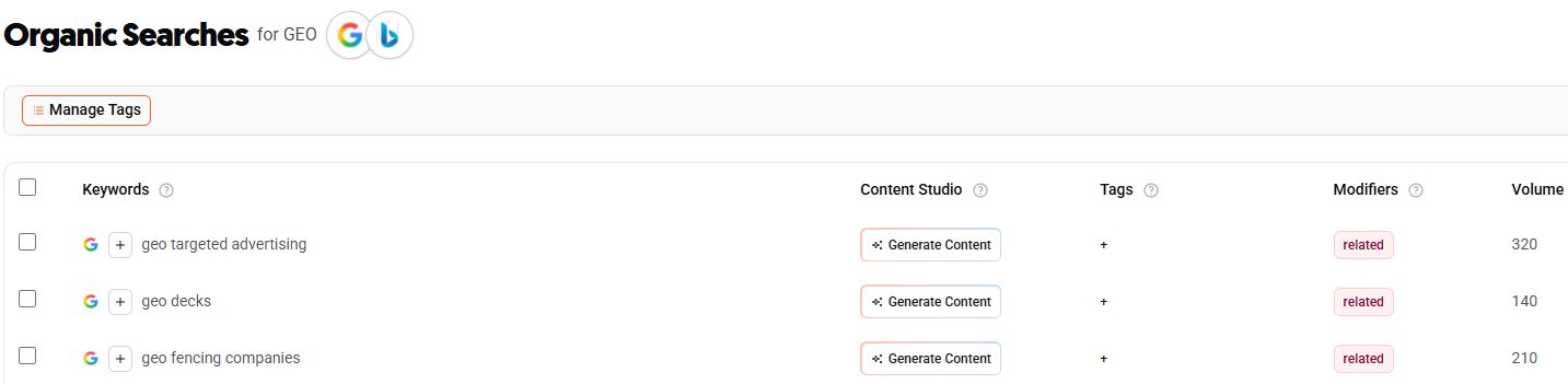Organic search results list showing keywords with volume, tags, and content generation options..jpg