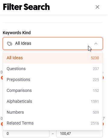 Filter panel showing keyword categories like questions, comparisons, and related terms for refining results..jpg