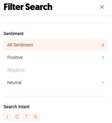 Filter panel showing sentiment and search intent options to narrow keyword results..jpg