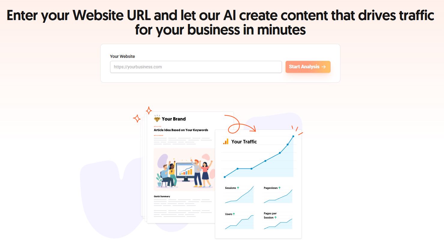Website analysis screen for generating AI content ideas and traffic-focused articles from a business URL..jpg