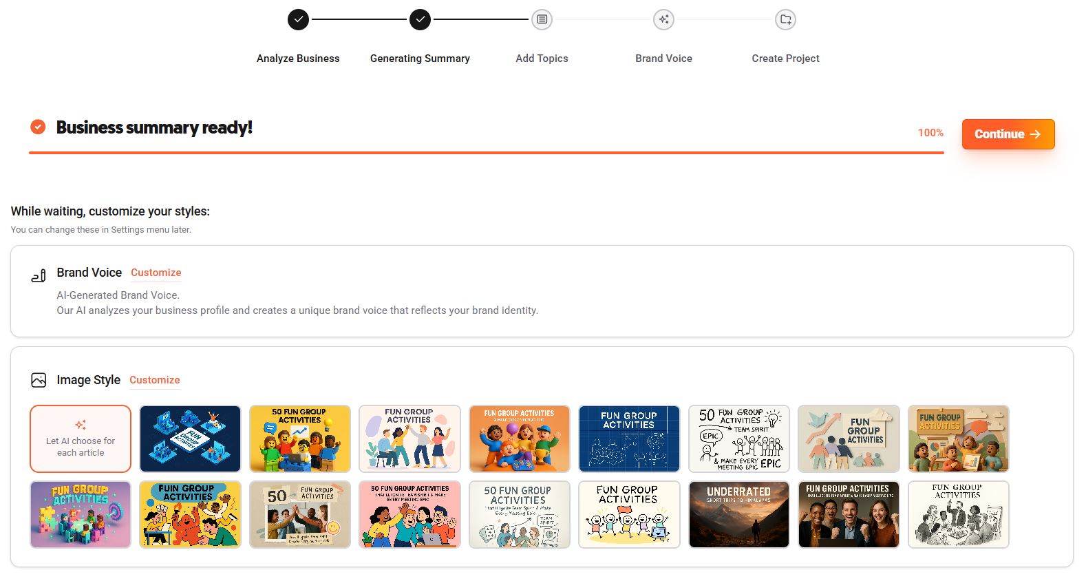 Project setup screen showing business summary generation, brand voice, and image style customization..jpg