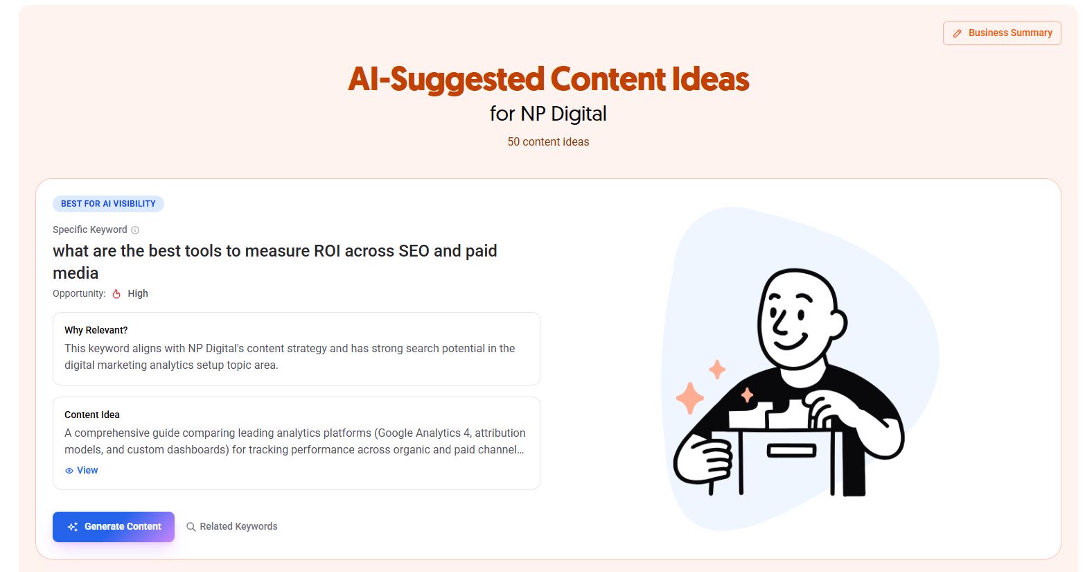 AI-suggested content ideas dashboard showing keyword opportunities and content recommendations..jpg