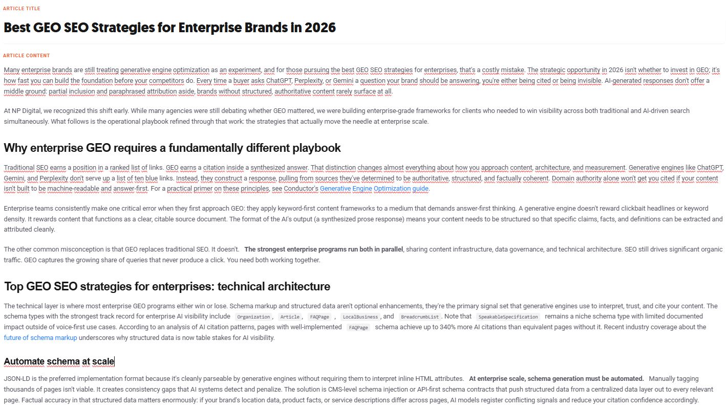 Article editor showing a GEO SEO article draft with headings, paragraphs, and optimized enterprise content..jpg