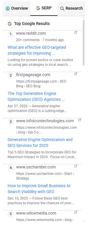 SERP research panel showing top Google results related to GEO SEO strategies for enterprises..jpg