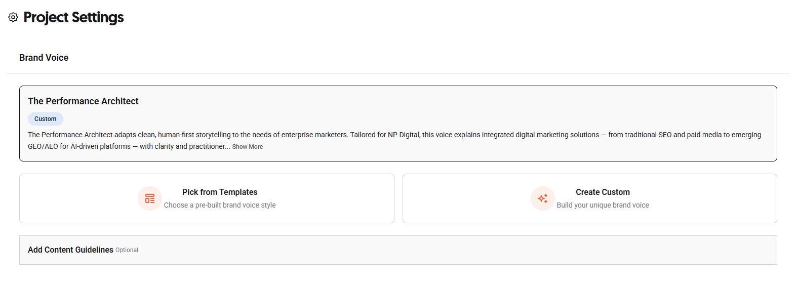 Brand voice settings showing a custom writing style template and content guideline options..jpg