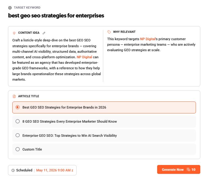 Keyword targeting screen with AI-generated content ideas and selectable article title suggestions..jpg