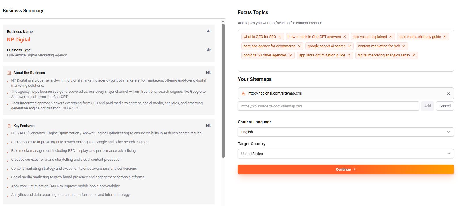 Business summary setup with focus topics, sitemap input, language, and target country settings..jpg