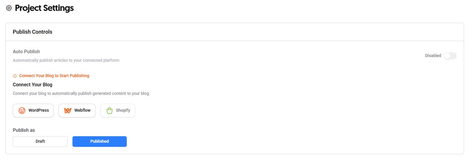 Publishing settings showing blog integrations, auto-publish controls, and draft or published status options..jpg