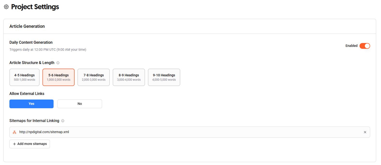 Article generation settings showing content length, external links, and sitemap options for internal linking..jpg