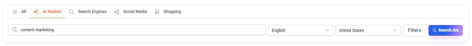 AI Models search interface in AnswerThePublic with keyword input, language, country, and filter options..jpg