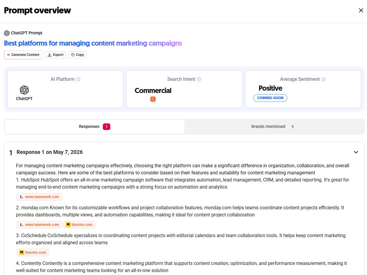 Prompt overview page showing AI platform, search intent, sentiment, and generated AI response analysis..jpg