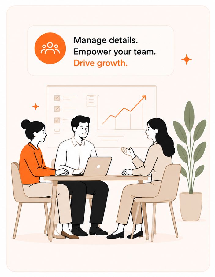 Illustration of a team meeting with the message “Manage details. Empower your team. Drive growth.” for the Manage Account feature in AnswerThePublic..jpg
