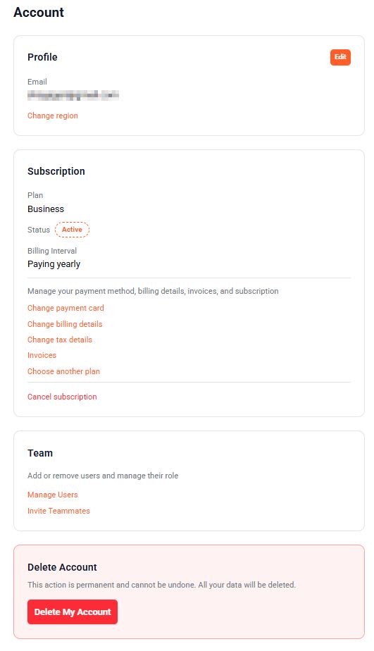 Manage Account settings page displaying profile details, subscription management, team management, and account deletion options..jpg