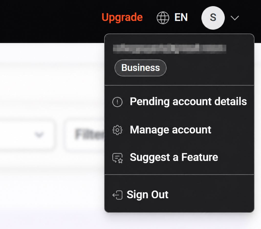 User account dropdown menu in AnswerThePublic showing options including Manage account, Suggest a Feature, and Sign Out..jpg