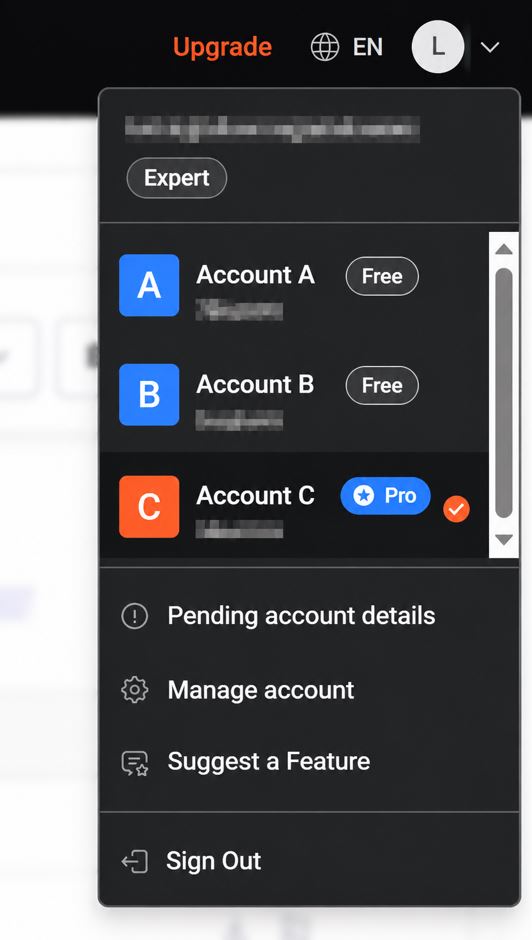 Multi-account dropdown menu in AnswerThePublic showing account switching between Free and Pro workspaces..jpg