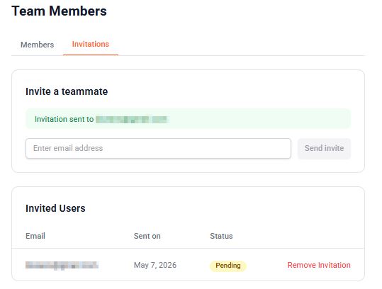 Team Members invitation page showing pending teammate invitations and invite management options..jpg