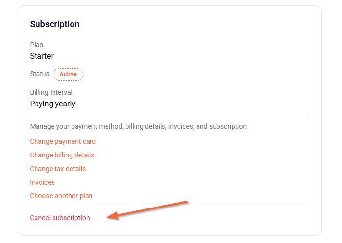 Subscription settings page in AnswerThePublic showing the “Cancel subscription” option under billing and account management..jpg