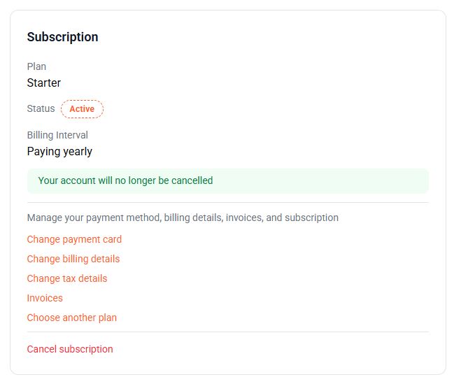 Subscription settings page displaying a confirmation message that the AnswerThePublic account cancellation has been removed..jpg