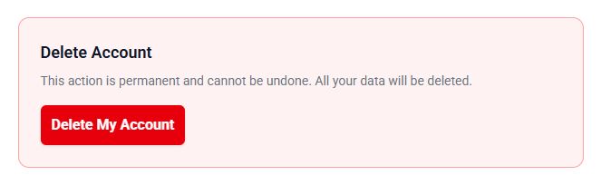 Delete Account section in AnswerThePublic with a warning that account deletion is permanent and removes all user data..jpg
