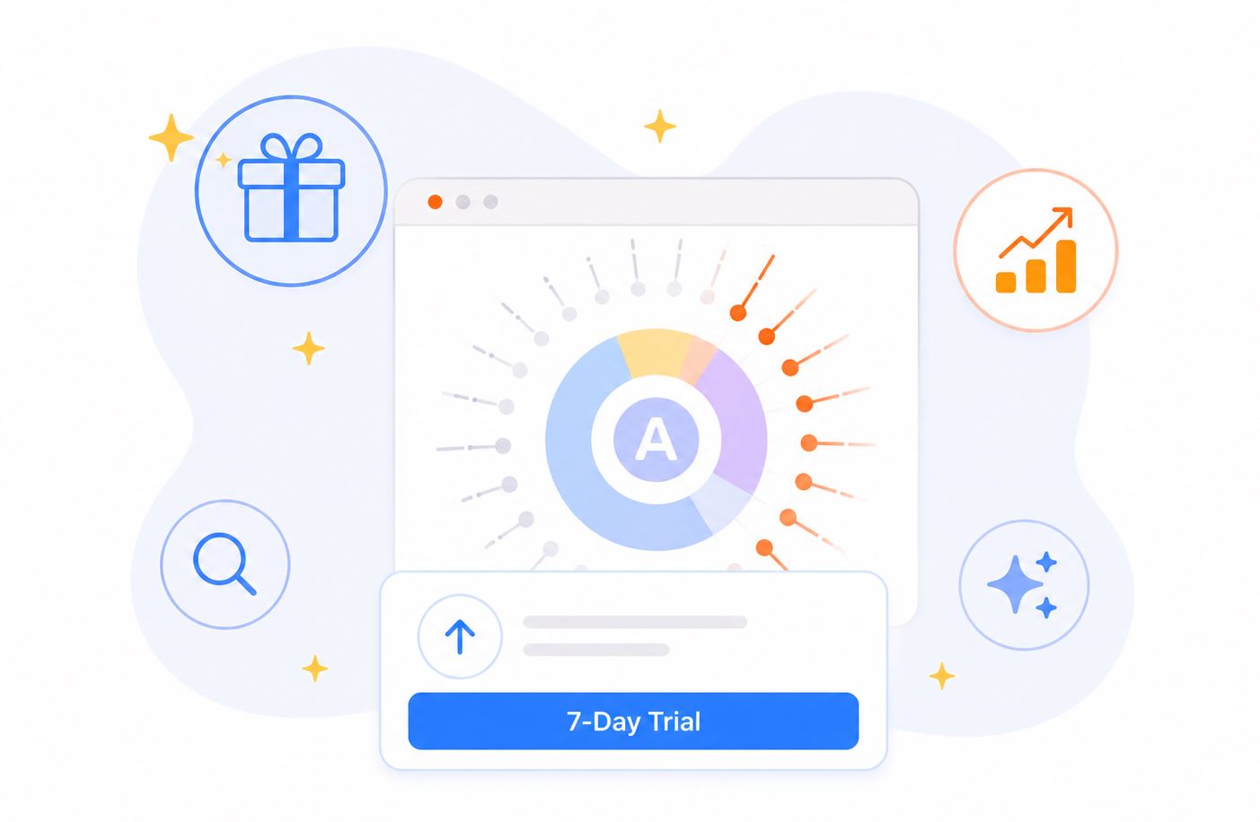 Illustration promoting the AnswerThePublic 7-day free trial with icons representing search insights, AI features, growth opportunities, and content discovery..jpg
