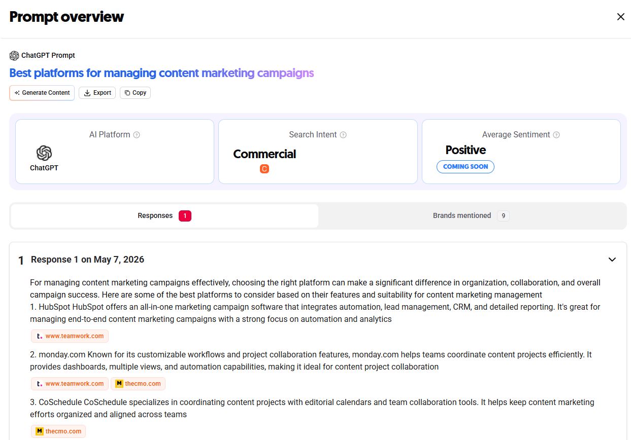 Prompt Overview page in AnswerThePublic displaying AI-generated responses, search intent, sentiment, and referenced brand mentions for a content marketing query..jpg