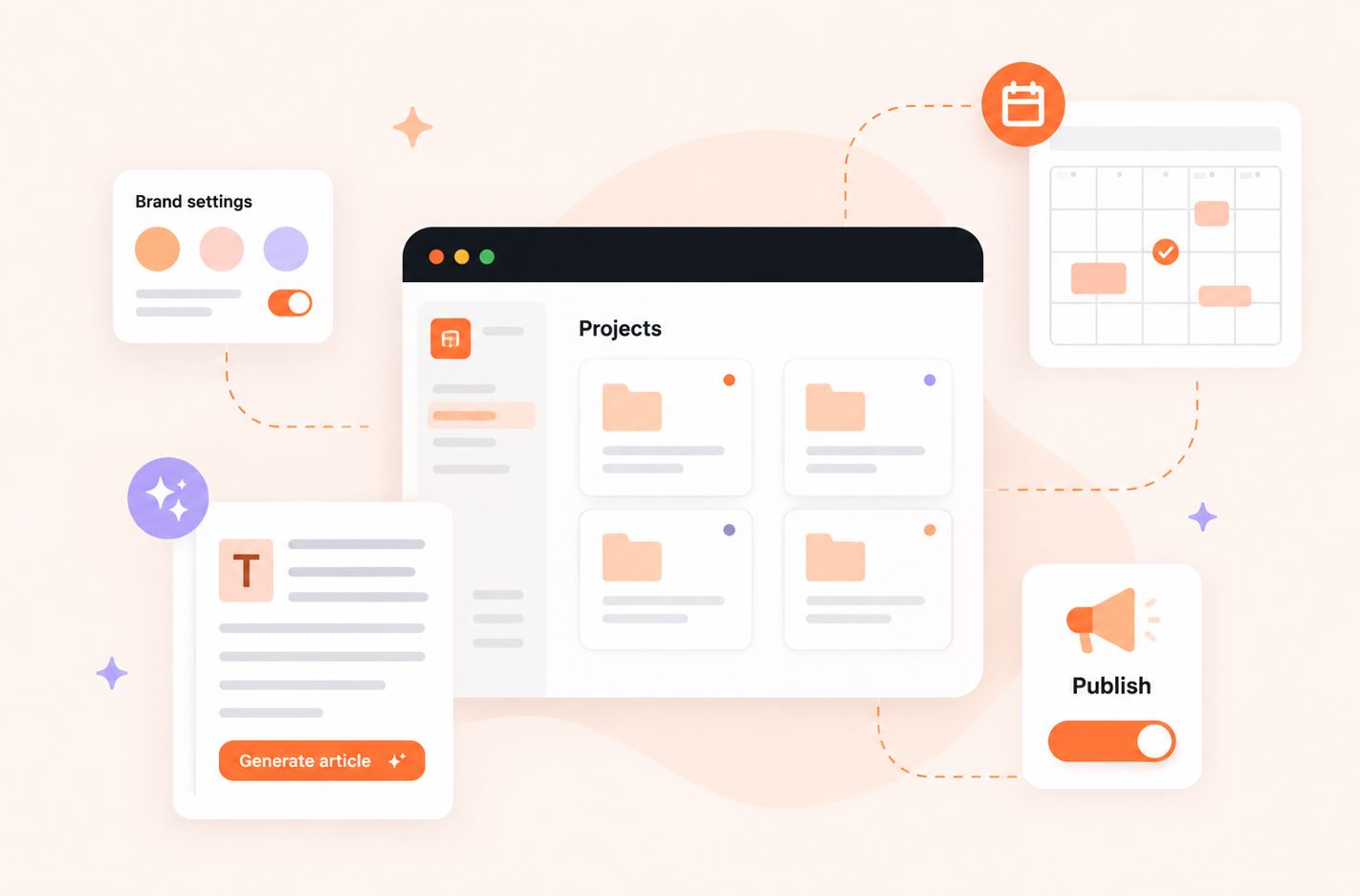 07 - Content project management illustration showing brand settings, article generation, publishing workflow, and content scheduling tools..jpg