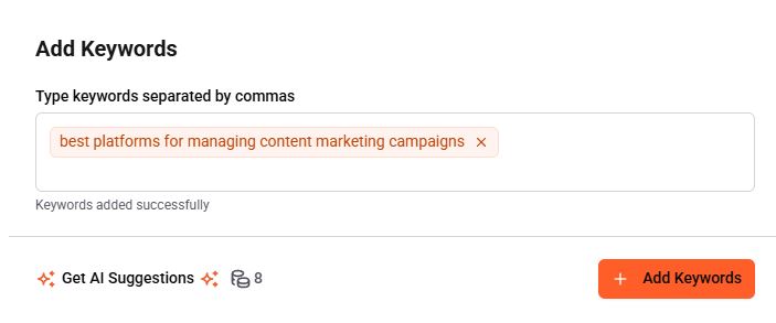 Add Keywords modal in AnswerThePublic showing manually added keyword phrases and AI keyword suggestion option..jpg