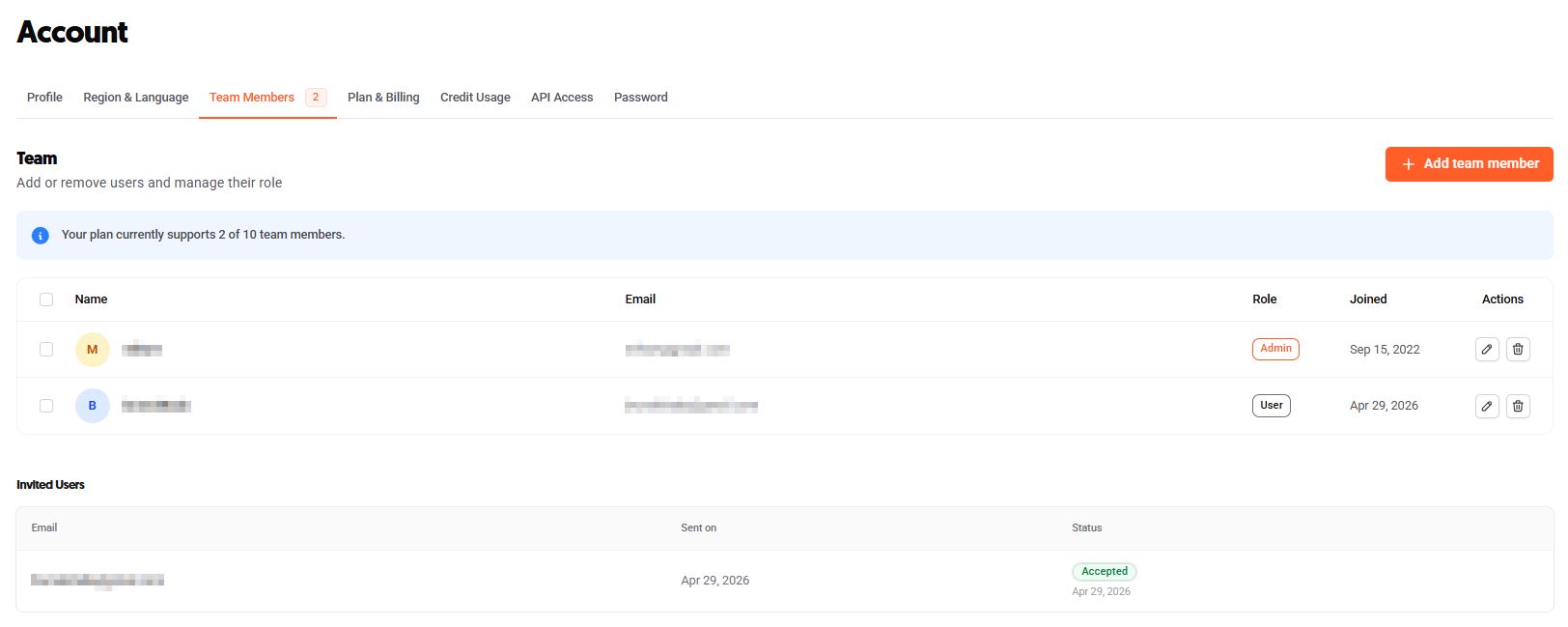 Team Members section in AnswerThePublic displaying workspace users, roles, join dates, invited users, and an option to add new team members.