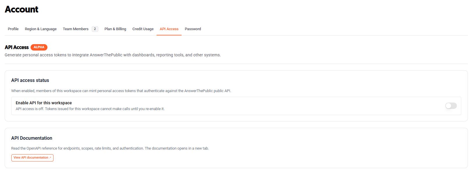 AnswerThePublic API Access settings page with API enable toggle, access status information, and a link to API documentation.