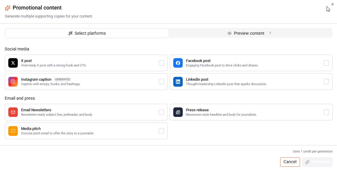 Content Studio promotional content generator with options to create social media posts, newsletters, media pitches, and press releases..jpg