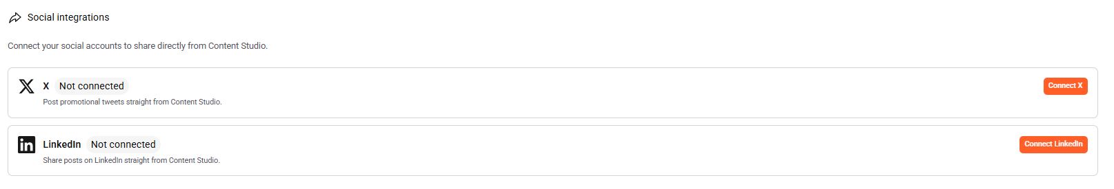 Social integrations settings showing options to connect X and LinkedIn accounts for publishing content directly from Content Studio.