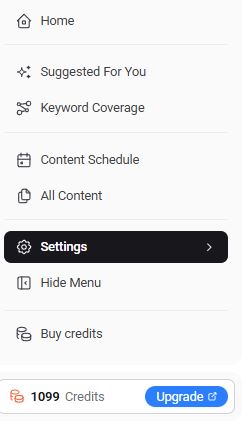 Content Studio sidebar navigation with links to Home, Keyword Coverage, Content Schedule, All Content, Settings, and account credits..jpg